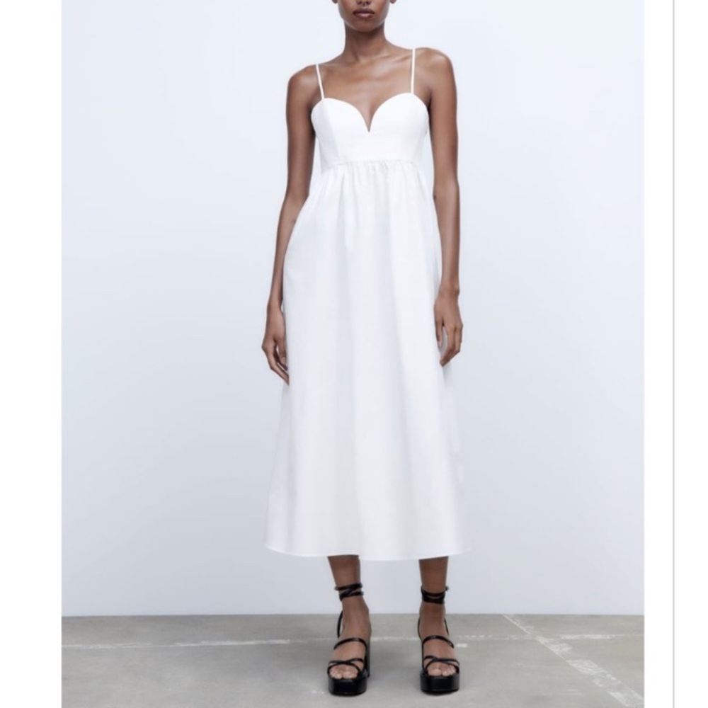 Zara White Midi Slip Dress with Sweetheart Neckline